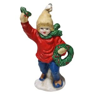 Russ Christmas‎ Ornament Village Figurine Boy Ceramic Hat Scarf Wreath 9728